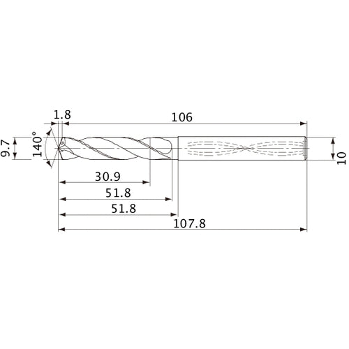 MVS0970X03S100 DP1020 9.7 mm Dia. × 10 mm Shank × 51.8 mm Flute Length × 107.8 mm OAL, 140°, 2 Flute, Coolant Thru, Solid Carbide Drill