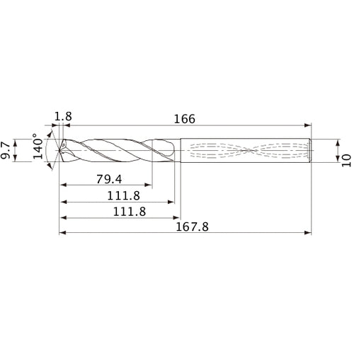 MVS0970X08S100 DP1020 9.7 mm Dia. × 10 mm Shank × 111.8 mm Flute Length × 167.8 mm OAL, 140°, 2 Flute, Coolant Thru, Solid Carbide Drill