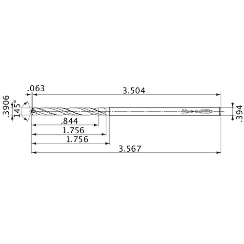 MVS0992X02S100PL DP1020 0.3906″ Dia. × 0.394″ Shank × 1.756″ Flute Length × 3.567″ OAL, 145°, 2 Flute, Coolant Thru, Solid Carbide Drill
