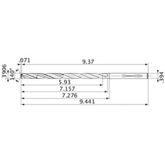 MVS0992X15S100 DP1020 0.3906″ Dia. × 0.394″ Shank × 7.157″ Flute Length × 9.441″ OAL, 140°, 2 Flute, Coolant Thru, Solid Carbide Drill
