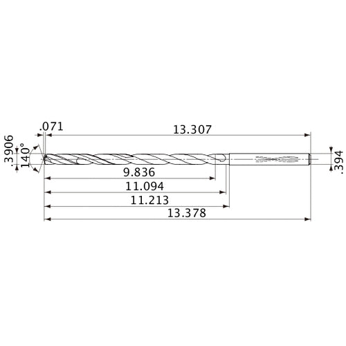 MVS0992X25S100 DP1020 0.3906″ Dia. × 0.394″ Shank × 11.094″ Flute Length × 13.378″ OAL, 140°, 2 Flute, Coolant Thru, Solid Carbide Drill