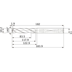 MVS1020X08S110 DP1020 10.2 mm Dia. × 11 mm Shank × 117.9 mm Flute Length × 183.9 mm OAL, 140°, 2 Flute, Coolant Thru, Solid Carbide Drill