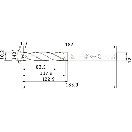 MVS1020X08S120 DP1020 10.2 mm Dia. × 12 mm Shank × 117.9 mm Flute Length × 183.9 mm OAL, 140°, 2 Flute, Coolant Thru, Solid Carbide Drill
