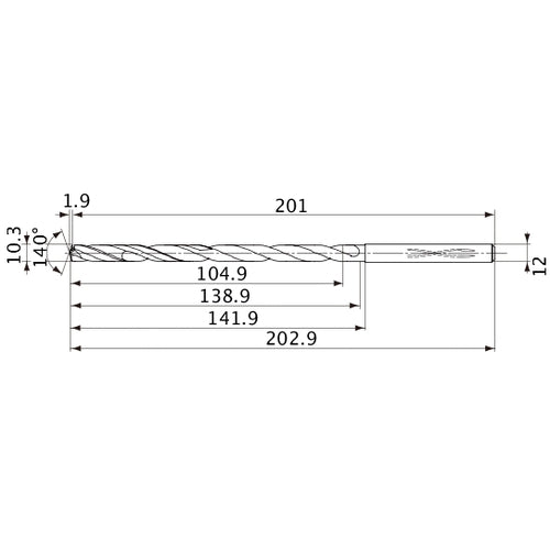 MVS1030X10S120 DP1020 10.3 mm Dia. × 12 mm Shank × 138.9 mm Flute Length × 202.9 mm OAL, 140°, 2 Flute, Coolant Thru, Solid Carbide Drill