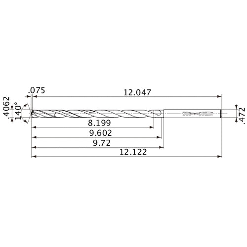 MVS1032X20S120 DP1020 0.4062″ Dia. × 0.472″ Shank × 9.602″ Flute Length × 12.122″ OAL, 140°, 2 Flute, Coolant Thru, Solid Carbide Drill