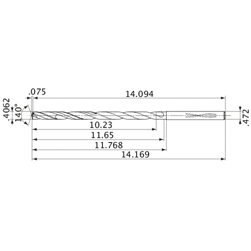 MVS1032X25S120 DP1020 0.4062″ Dia. × 0.472″ Shank × 11.65″ Flute Length × 14.169″ OAL, 140°, 2 Flute, Coolant Thru, Solid Carbide Drill