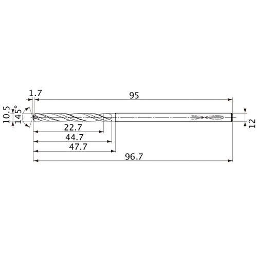 MVS1050X02S120PL DP1020 10.5 mm Dia. × 12 mm Shank × 44.7 mm Flute Length × 96.7 mm OAL, 145°, 2 Flute, Coolant Thru, Solid Carbide Drill