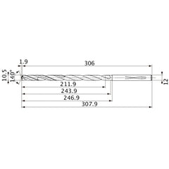 MVS1050X20S120 DP1020 10.5 mm Dia. × 12 mm Shank × 243.9 mm Flute Length × 307.9 mm OAL, 140°, 2 Flute, Coolant Thru, Solid Carbide Drill