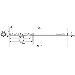 MVS1060X02S120PL DP1020 10.6 mm Dia. × 12 mm Shank × 48.7 mm Flute Length × 96.7 mm OAL, 145°, 2 Flute, Coolant Thru, Solid Carbide Drill