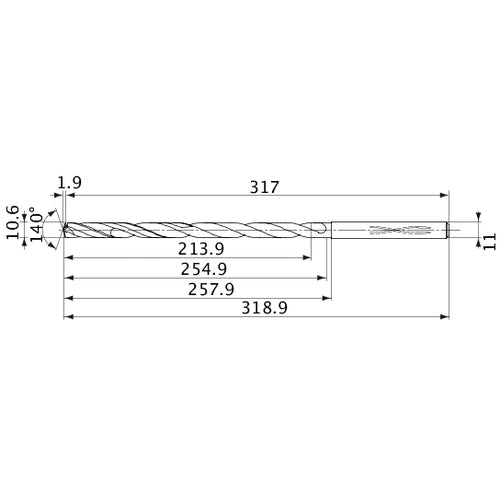 MVS1060X20S110 DP1020 10.6 mm Dia. × 11 mm Shank × 254.9 mm Flute Length × 318.9 mm OAL, 140°, 2 Flute, Coolant Thru, Solid Carbide Drill