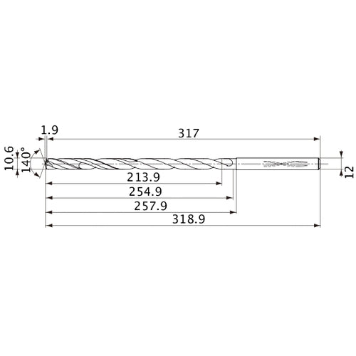 MVS1060X20S120 DP1020 10.6 mm Dia. × 12 mm Shank × 254.9 mm Flute Length × 318.9 mm OAL, 140°, 2 Flute, Coolant Thru, Solid Carbide Drill