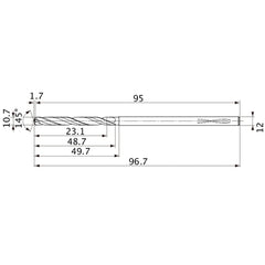 MVS1070X02S120PL DP1020 10.7 mm Dia. × 12 mm Shank × 48.7 mm Flute Length × 96.7 mm OAL, 145°, 2 Flute, Coolant Thru, Solid Carbide Drill