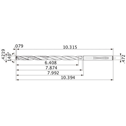 MVS1072X15S120 DP1020 0.4219″ Dia. × 0.472″ Shank × 7.874″ Flute Length × 10.394″ OAL, 140°, 2 Flute, Coolant Thru, Solid Carbide Drill