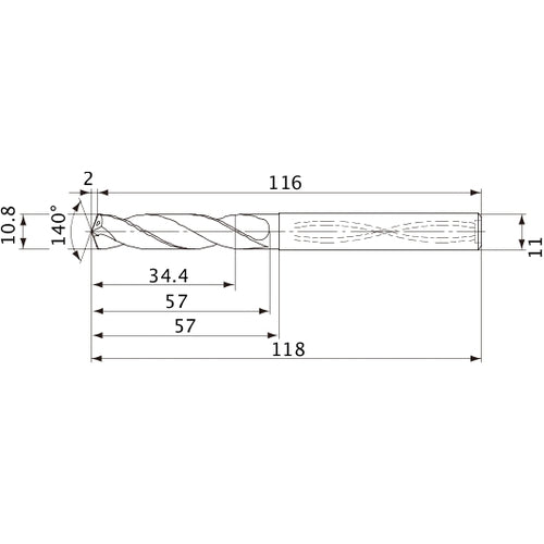 MVS1080X03S110 DP1020 10.8 mm Dia. × 11 mm Shank × 57 mm Flute Length × 118 mm OAL, 140°, 2 Flute, Coolant Thru, Solid Carbide Drill
