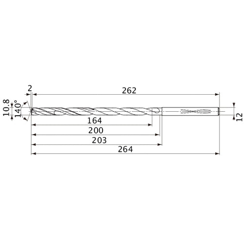 MVS1080X15S120 DP1020 10.8 mm Dia. × 12 mm Shank × 200 mm Flute Length × 264 mm OAL, 140°, 2 Flute, Coolant Thru, Solid Carbide Drill