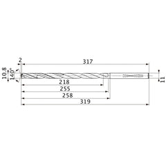MVS1080X20S110 DP1020 10.8 mm Dia. × 11 mm Shank × 255 mm Flute Length × 319 mm OAL, 140°, 2 Flute, Coolant Thru, Solid Carbide Drill