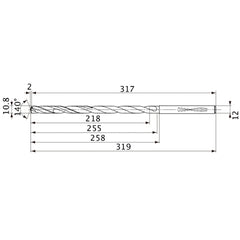 MVS1080X20S120 DP1020 10.8 mm Dia. × 12 mm Shank × 255 mm Flute Length × 319 mm OAL, 140°, 2 Flute, Coolant Thru, Solid Carbide Drill