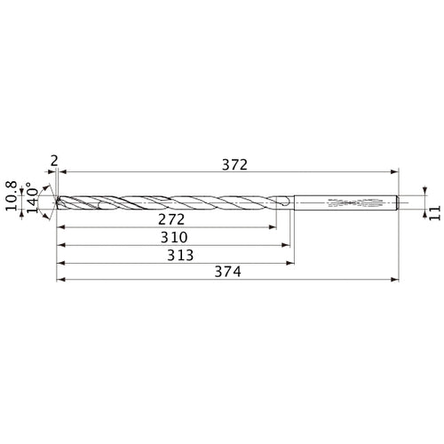 MVS1080X25S110 DP1020 10.8 mm Dia. × 11 mm Shank × 310 mm Flute Length × 374 mm OAL, 140°, 2 Flute, Coolant Thru, Solid Carbide Drill