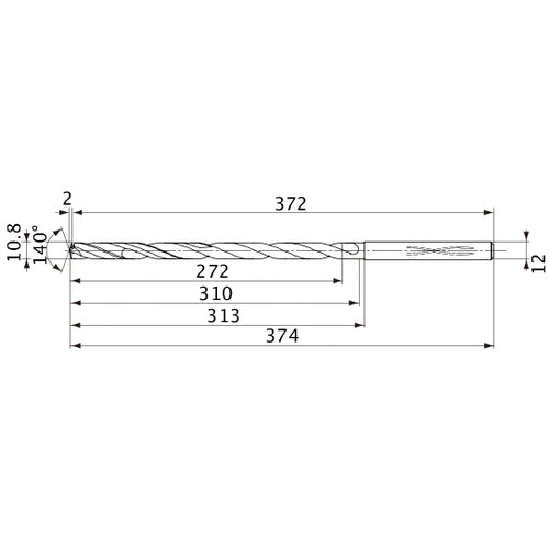 MVS1080X25S120 DP1020 10.8 mm Dia. × 12 mm Shank × 310 mm Flute Length × 374 mm OAL, 140°, 2 Flute, Coolant Thru, Solid Carbide Drill
