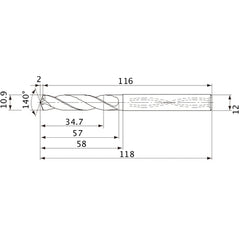 MVS1090X03S120 DP1020 10.9 mm Dia. × 12 mm Shank × 57 mm Flute Length × 118 mm OAL, 140°, 2 Flute, Coolant Thru, Solid Carbide Drill