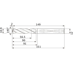MVS1090X05S120 DP1020 10.9 mm Dia. × 12 mm Shank × 90 mm Flute Length × 151 mm OAL, 140°, 2 Flute, Coolant Thru, Solid Carbide Drill