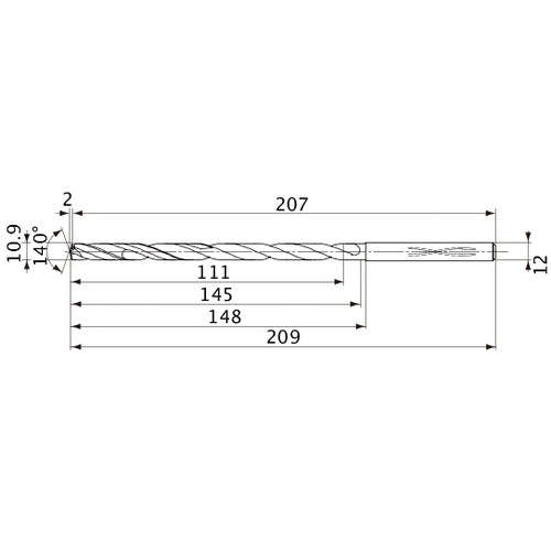 MVS1090X10S120 DP1020 10.9 mm Dia. × 12 mm Shank × 145 mm Flute Length × 209 mm OAL, 140°, 2 Flute, Coolant Thru, Solid Carbide Drill