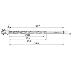 MVS1090X20S120 DP1020 10.9 mm Dia. × 12 mm Shank × 255 mm Flute Length × 319 mm OAL, 140°, 2 Flute, Coolant Thru, Solid Carbide Drill