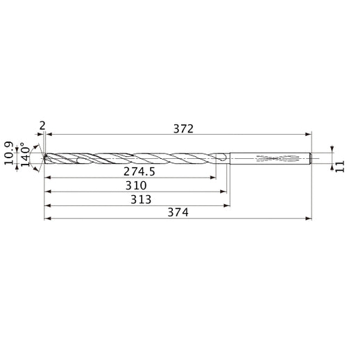 MVS1090X25S120 DP1020 10.9 mm Dia. × 11 mm Shank × 310 mm Flute Length × 374 mm OAL, 140°, 2 Flute, Coolant Thru, Solid Carbide Drill