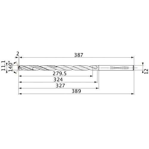 MVS1110X25S120 DP1020 11.1 mm Dia. × 12 mm Shank × 324 mm Flute Length × 389 mm OAL, 140°, 2 Flute, Coolant Thru, Solid Carbide Drill