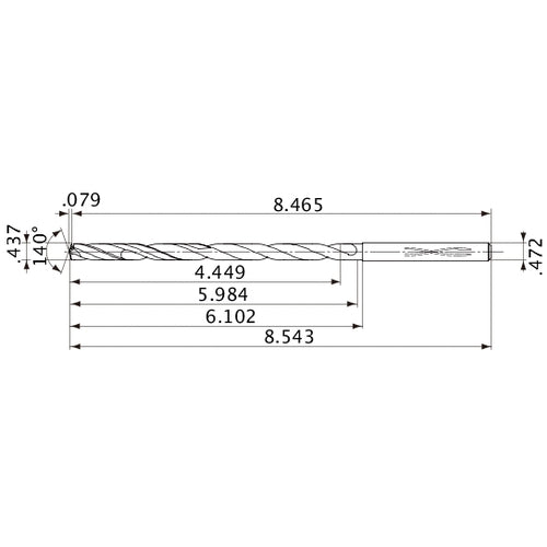 MVS1111X10S120 DP1020 0.437″ Dia. × 0.472″ Shank × 5.984″ Flute Length × 8.543″ OAL, 140°, 2 Flute, Coolant Thru, Solid Carbide Drill