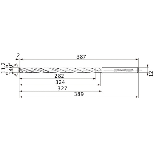 MVS1120X25S120 DP1020 11.2 mm Dia. × 12 mm Shank × 324 mm Flute Length × 389 mm OAL, 140°, 2 Flute, Coolant Thru, Solid Carbide Drill