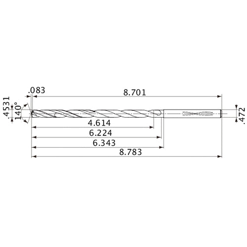 MVS1151X10S120 DP1020 0.4531″ Dia. × 0.472″ Shank × 6.224″ Flute Length × 8.783″ OAL, 140°, 2 Flute, Coolant Thru, Solid Carbide Drill