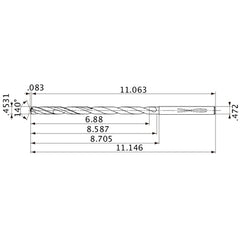 MVS1151X15S120 DP1020 0.4531″ Dia. × 0.472″ Shank × 8.587″ Flute Length × 11.146″ OAL, 140°, 2 Flute, Coolant Thru, Solid Carbide Drill