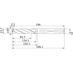 MVS1170X08S120 DP1020 11.7 mm Dia. × 12 mm Shank × 134.1 mm Flute Length × 196.1 mm OAL, 140°, 2 Flute, Coolant Thru, Solid Carbide Drill
