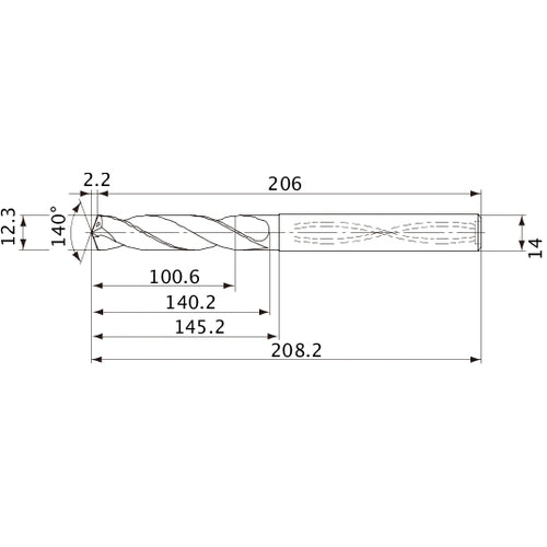 MVS1230X08S140 DP1020 12.3 mm Dia. × 14 mm Shank × 140.2 mm Flute Length × 208.2 mm OAL, 140°, 2 Flute, Coolant Thru, Solid Carbide Drill