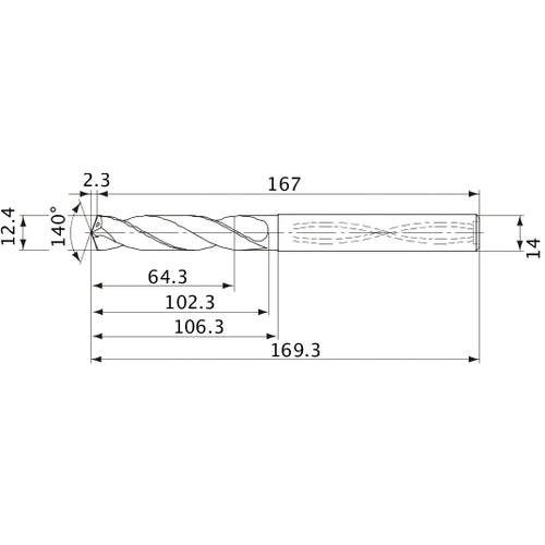MVS1240X05S140 DP1020 12.4 mm Dia. × 14 mm Shank × 102.3 mm Flute Length × 169.3 mm OAL, 140°, 2 Flute, Coolant Thru, Solid Carbide Drill