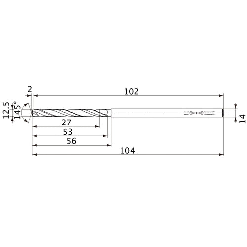 MVS1250X02S140PL DP1020 12.5 mm Dia. × 14 mm Shank × 53 mm Flute Length × 104 mm OAL, 145°, 2 Flute, Coolant Thru, Solid Carbide Drill