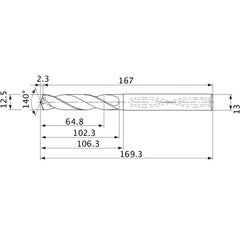 MVS1250X05S130 DP1020 12.5 mm Dia. × 13 mm Shank × 102.3 mm Flute Length × 169.3 mm OAL, 140°, 2 Flute, Coolant Thru, Solid Carbide Drill
