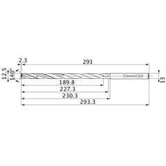 MVS1250X15S130 DP1020 12.5 mm Dia. × 13 mm Shank × 227.3 mm Flute Length × 293.3 mm OAL, 140°, 2 Flute, Coolant Thru, Solid Carbide Drill