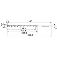 MVS1260X20S140 DP1020 12.6 mm Dia. × 14 mm Shank × 301.3 mm Flute Length × 367.3 mm OAL, 140°, 2 Flute, Coolant Thru, Solid Carbide Drill