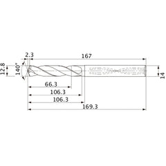 MVS1280X05S140 DP1020 12.8 mm Dia. × 14 mm Shank × 106.3 mm Flute Length × 169.3 mm OAL, 140°, 2 Flute, Coolant Thru, Solid Carbide Drill