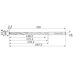 MVS1280X10S140 DP1020 12.8 mm Dia. × 14 mm Shank × 171.3 mm Flute Length × 237.3 mm OAL, 140°, 2 Flute, Coolant Thru, Solid Carbide Drill