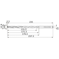 MVS1290X10S140 DP1020 12.9 mm Dia. × 14 mm Shank × 171.3 mm Flute Length × 237.3 mm OAL, 140°, 2 Flute, Coolant Thru, Solid Carbide Drill