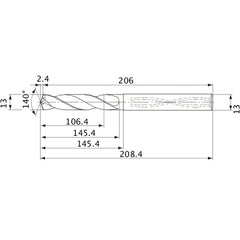 MVS1300X08S130 DP1020 13 mm Dia. × 13 mm Shank × 145.4 mm Flute Length × 208.4 mm OAL, 140°, 2 Flute, Coolant Thru, Solid Carbide Drill