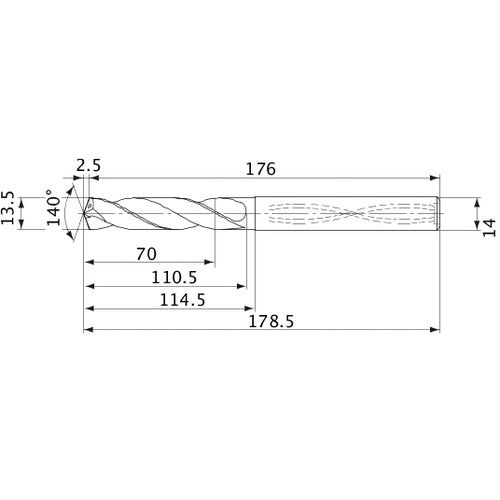 MVS1350X05S140 DP1020 13.5 mm Dia. × 14 mm Shank × 110.5 mm Flute Length × 178.5 mm OAL, 140°, 2 Flute, Coolant Thru, Solid Carbide Drill
