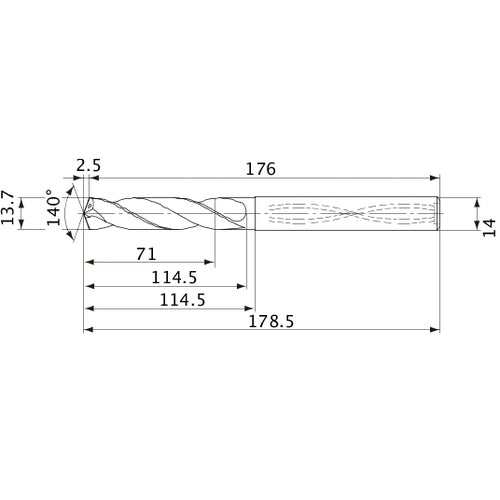 MVS1370X05S140 DP1020 13.7 mm Dia. × 14 mm Shank × 114.5 mm Flute Length × 178.5 mm OAL, 140°, 2 Flute, Coolant Thru, Solid Carbide Drill