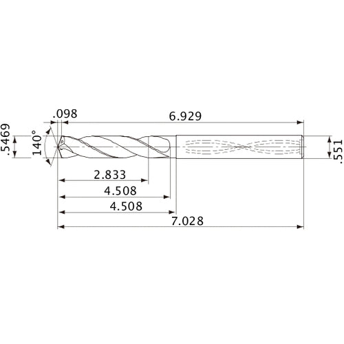 MVS1389X05S140 DP1020 0.5469″ Dia. × 0.551″ Shank × 4.508″ Flute Length × 7.028″ OAL, 140°, 2 Flute, Coolant Thru, Solid Carbide Drill