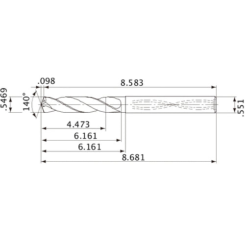 MVS1389X08S140 DP1020 0.5469″ Dia. × 0.551″ Shank × 6.161″ Flute Length × 8.681″ OAL, 140°, 2 Flute, Coolant Thru, Solid Carbide Drill