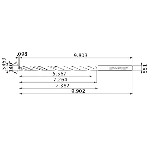 MVS1389X10S140 DP1020 0.5469″ Dia. × 0.551″ Shank × 7.264″ Flute Length × 9.902″ OAL, 140°, 2 Flute, Coolant Thru, Solid Carbide Drill