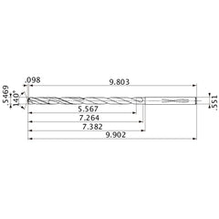 MVS1389X10S140 DP1020 0.5469″ Dia. × 0.551″ Shank × 7.264″ Flute Length × 9.902″ OAL, 140°, 2 Flute, Coolant Thru, Solid Carbide Drill